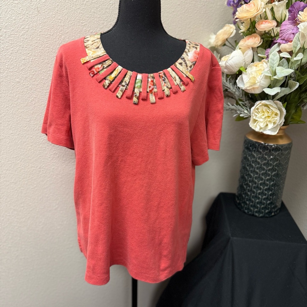 Alfred Dunner Coral Embellished Short Sleeve Knit Top - Size Large